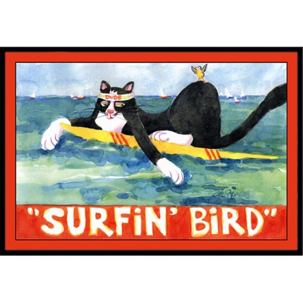 Carolines Treasures 24 x 36 in. Black And White Cat Surfin Bird Indoor Or Outdoor Doormat 6051JMAT - main